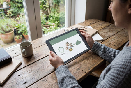 A woman in a grey sweater sits at a rustic wooden table holding a tablet displaying a cloud data syncing progress screen with a coffee mug and garden view visible through the window nearby.の素材