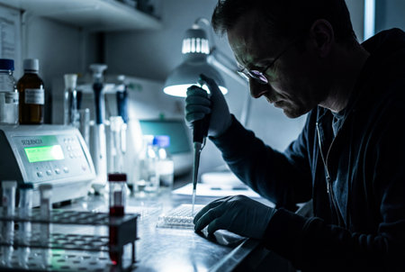A concentrated male researcher in gloves and glasses carefully uses a manual pipette to dispense liquid samples into a microplate while working late in a dark laboratory with blue lightingの素材