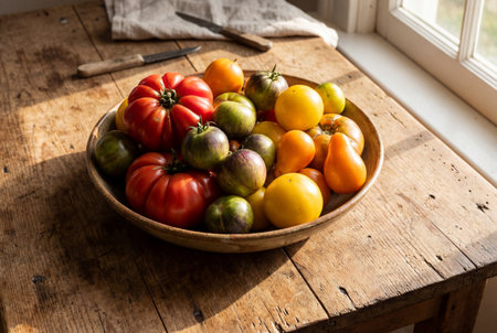 A variety of fresh red yellow and green heirloom tomatoes fill a ceramic bowl sitting on a weathered wooden table bathed in warm natural sunlight from a nearby window.の素材