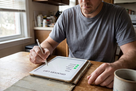 A man in a grey t shirt sits at a wooden table and uses a white stylus to check off items on a digital grocery list displayed on a tablet screen in a domestic kitchen setting.の素材