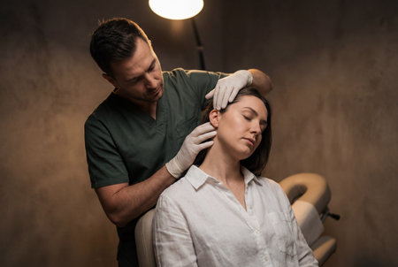 Professional male osteopath wearing protective gloves carefully examines the neck muscles of a relaxed young woman sitting in a specialized chair within a modern medical office environment.の素材