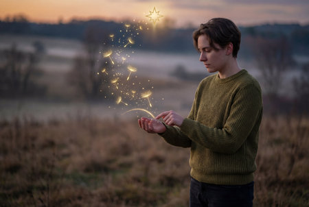 A young adult stands outdoors in a misty field at dusk while interacting with glowing magical dandelion seeds and sparkles floating above their open palm against a blurred background.の素材