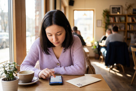 A young dark haired woman sits alone at a wooden table in a bright coffee shop and touches the screen of her smartphone while a white envelope and cup of coffee rest on the surface near a window.の素材