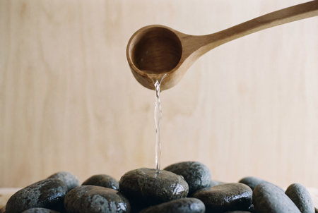 A clear stream of water pours gently from a traditional wooden ladle onto smooth wet black massage stones arranged in a pile against a clean plywood wall.の素材