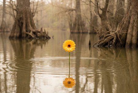 A vibrant single yellow gerbera daisy stands tall in the center of a tranquil flooded forest creating gentle circular ripples on the water surface while reflecting clearly in the calm lake below.の素材