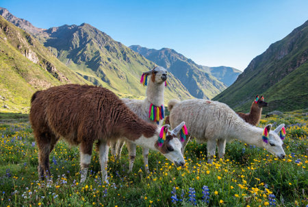 A group of llamas adorned with traditional colorful ear tassels grazes peacefully on a grassy hillside covered in blooming yellow and blue wildflowers beneath rugged mountain peaks.の素材