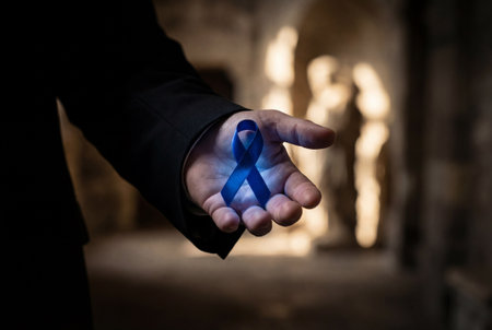 A man in a formal black suit holds a glowing blue ribbon in his open palm to show strong support for prostate cancer awareness and male health protection campaigns.の素材