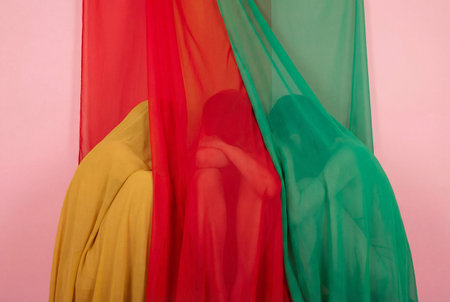 Three mysterious figures pose while fully concealed beneath draped layers of sheer yellow red and green textile material against a solid pink color background.の素材