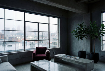 A minimalist industrial loft features concrete walls and tables with a maroon armchair near large grid windows overlooking a wet cityscape during overcast weather.の素材