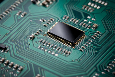 Detailed close up view of a modern green printed circuit board featuring a central black microchip processor surrounded by metallic capacitors and complex conductive tracks for data processing.の素材