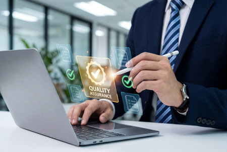 A businessman in a blue suit works on a laptop while interacting with a virtual quality assurance dashboard featuring a gold certification badge and checklist.の素材