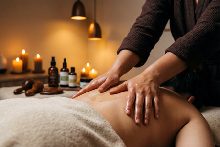 Professional therapist hands apply soothing oil to the bare back of a client during a deep tissue massage therapy session in a warm and candlelit spa environment.の素材
