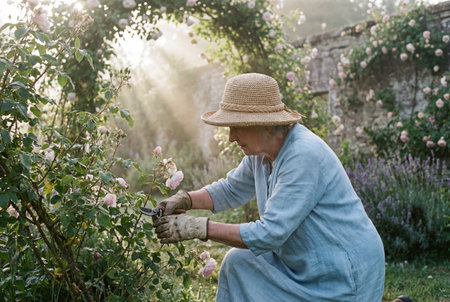 A senior woman wearing a straw hat and blue dress uses gardening shears to prune blooming pink roses in a sunlit rustic garden with an old stone wall in the background.の素材