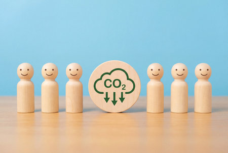 A row of smiling wooden figures stands on a table with a round wooden sign in the center featuring a green cloud icon with co2 text and downward arrows to symbolize carbon footprint reduction.の素材