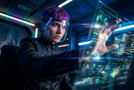 A young woman with short violet hair and a transparent face shield interacts with a glowing blue holographic data screen inside a dark futuristic spaceship command center.の素材