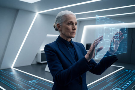 A professional senior woman with silver hair interacts with a glowing blue holographic touchscreen displaying technical blueprints in a modern futuristic white laboratory environment.の素材