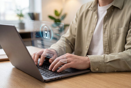 Male hands type on a modern laptop keyboard featuring a futuristic holographic padlock interface that symbolizes secure internet access and data privacy.の素材