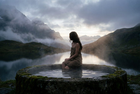 A solitary young woman with long hair wrapped in rustic linen sits on the edge of a stone water tub facing a serene lake and foggy mountains during dusk.の素材