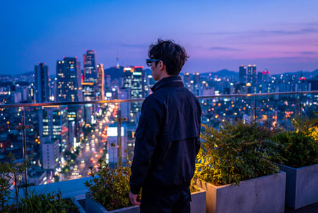 A young asian man in a casual jacket stands on a rooftop garden terrace gazing out at the illuminated skyscrapers and bright city lights of a modern metropolis during a blue twilight.の素材