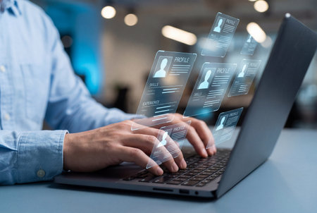 Close up of male hands typing on a laptop computer with futuristic digital screens showing candidate profiles skills and experience for human resources hiring concepts.の素材