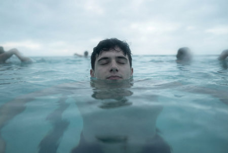 A calm young man with wet dark hair floats in blue water with his eyes closed while relaxing in a swimming pool or thermal bath surrounded by blurred figures in the background.の素材