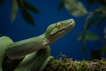 An emerald green tree python with bright yellow eyes coils around a mossy branch while raising its head against a deep blue background with blurred leaves.の素材