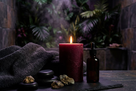 A lit burgundy pillar candle burns brightly beside a brown glass dropper bottle, stacked black hot stones, and a soft rolled towel on a slate surface with a blurred tropical background.の素材