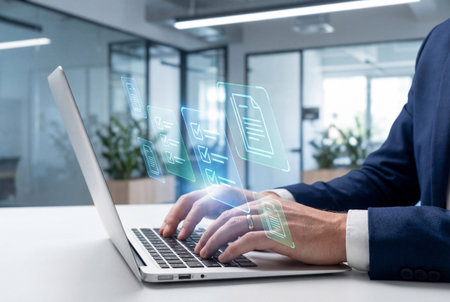 Hands of a professional businessman in a suit typing on a laptop keyboard while glowing holographic document icons and checklists float in the air representing digital data management.の素材