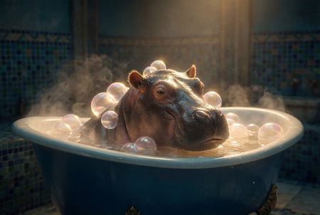 A relaxed hippopotamus sits comfortably in a deep blue vintage bathtub surrounded by iridescent soap bubbles and rising steam in a tiled bathroom atmosphere.の素材