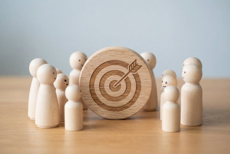 A group of minimalist wooden peg figures stands in a circle around a wooden disk engraved with a target and arrow to represent business strategy and focus on shared objectives.の素材