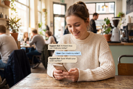A smiling young woman sits at a rustic table in a busy cafe using her smartphone to communicate with an automated customer service chatbot about tracking an online order delivery.の素材