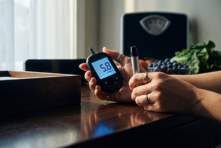Female hands hold a digital glucometer showing a 5.8 mmol reading and a lancing pen on a table with fresh vegetables and a weight scale in the blurred background representing diabetes management.の素材