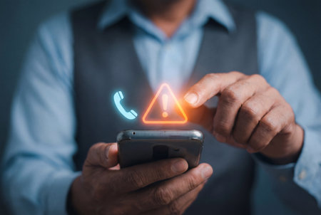 A professional man in a vest holds a mobile phone and uses his index finger to tap a glowing digital warning triangle symbol representing a fraud alert or spam call blocking system.の素材