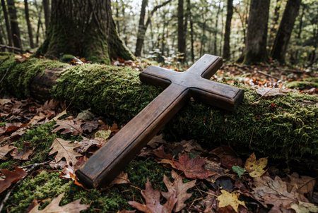 A polished dark wooden cross rests diagonally on a thick moss covered log surrounded by scattered brown oak and maple leaves on the quiet forest floor during the autumn season.の素材