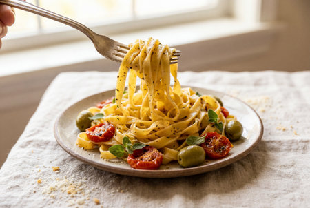 A silver fork lifts a generous portion of tagliatelle pasta garnished with roasted tomatoes and green olives above a ceramic plate on a rustic linen tablecloth during daytime.の素材