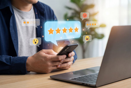 A man holds a smartphone at a wooden desk with a laptop while interacting with digital holographic five star rating bubbles and emotional feedback icons representing customer satisfaction.の素材