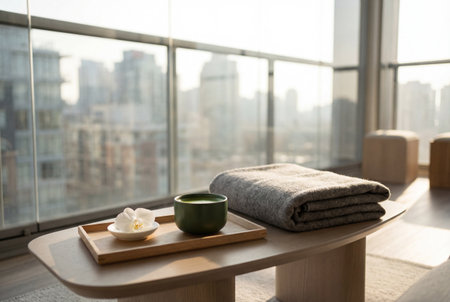 A green ceramic cup filled with matcha tea sits on a wooden tray next to a white orchid flower and a folded gray wool blanket on a low table in front of a large window with a blurred city view.の素材