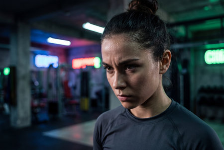 A determined young female athlete with sweat on her face stands in a dark gym with colorful neon lights while resting after an intense workout session.の素材