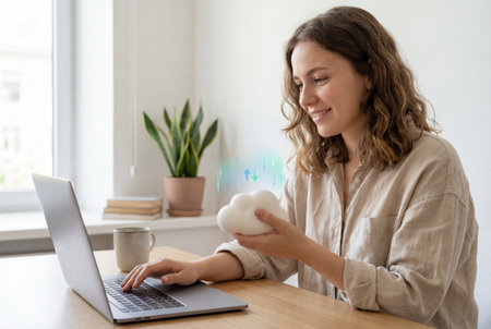 A smiling young woman sits at a desk typing on a laptop while holding a white cloud shape with blue upload and download arrows to represent digital data storage.の素材