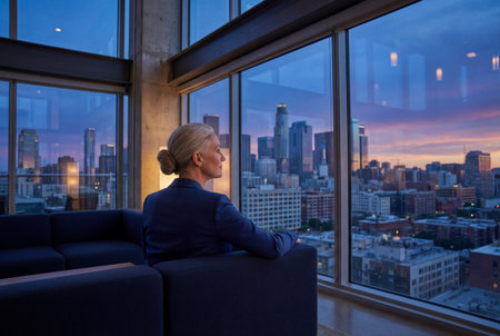 Professional mature woman with silver hair sits on a sofa in a modern corporate office and gazes thoughtfully at the urban skyscrapers during a colorful sunset.の素材