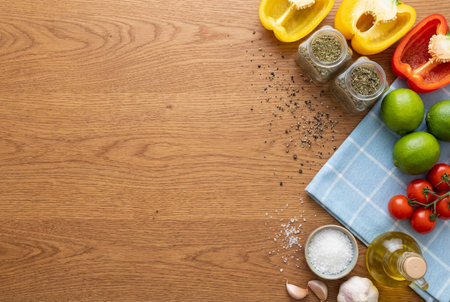 Fresh yellow and red peppers with limes tomatoes garlic and spices arranged on a wooden table next to a blue napkin and olive oil with large copy space.の素材
