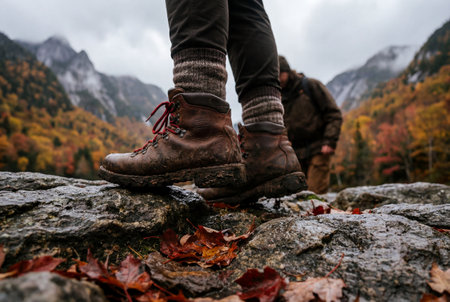 Rugged leather hiking boots stand firmly on wet rocks scattered with red autumn leaves while a blurred mountain landscape and fellow hiker appear in the background.の素材
