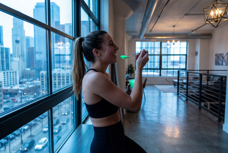 A cheerful young woman in black athletic wear stands by a large window in a modern industrial loft apartment while eating a snack and laughing during the evening.の素材
