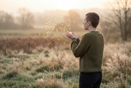Side view of a young woman with short hair standing in a dry autumn field wearing a green knitted sweater while blowing dandelion seeds from her hands into the soft sunset light.の素材