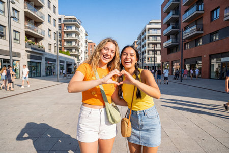 Cheerful female friends in summer clothes laugh while making a heart shape with their hands together on a sunny pedestrian street surrounded by modern buildings.の素材
