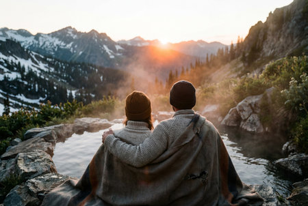 A man and woman wearing warm winter clothing sit close together under a wool blanket while watching steam rise from a natural hot spring during a golden sunrise over snowy alpine peaks.の素材