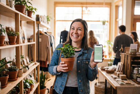 A smiling customer in a denim jacket holds a potted plant and displays a mobile phone screen with a payment confirmation message while standing inside a bright retail store with wooden shelves.の素材