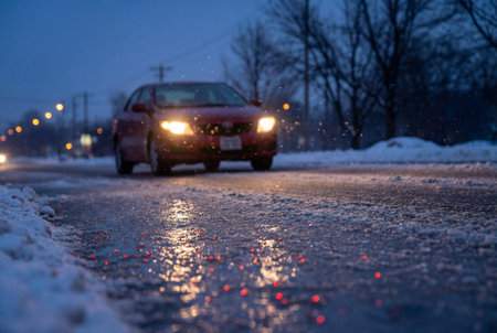 A red vehicle drives cautiously along a hazardous icy road at twilight with bright headlights and colorful reflections shimmering on the wet frozen asphalt.の素材