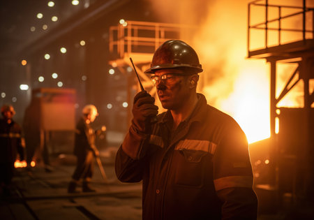 A male steelworker wearing a hard hat and protective gear communicates using a walkie talkie device while standing in a dark, hot heavy industry factory environment illuminated by the intense orange glow of a furnace.の素材
