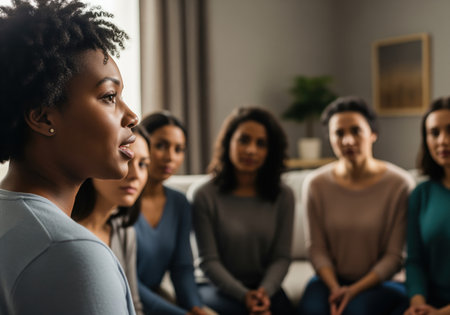 A group of diverse women sit together in a circle during a support meeting, listening carefully as one woman shares her personal experience and story with the group.の素材